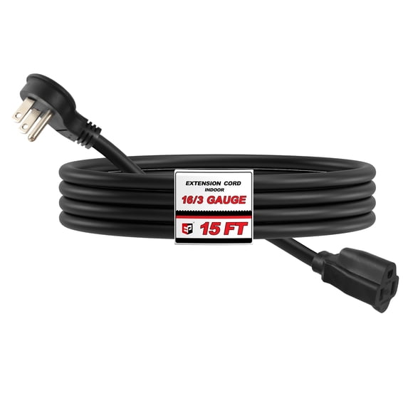 EP 15 Ft Low Profile Flat Plug Indoor Extension Cord, Black 16/3 3-Prong Grounded Cable