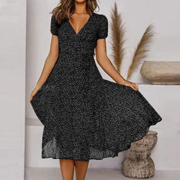 zanvin summer dress for women Holiday Item, Fashion Women Summer V-Neck Bandage Dot Print Casual Short Sleeve Dresses ,gifts for girls,Black