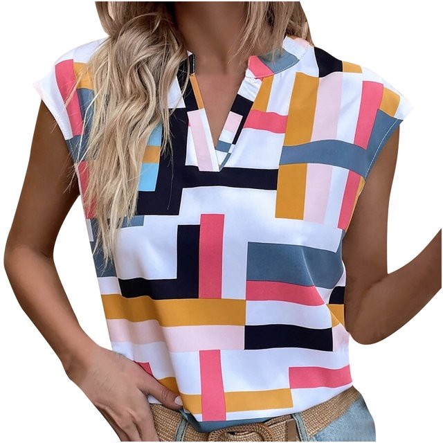 Pompotops Mode Femmes Été Sans Manches Bandage Chandail Imprimé Blouse Décontractée
