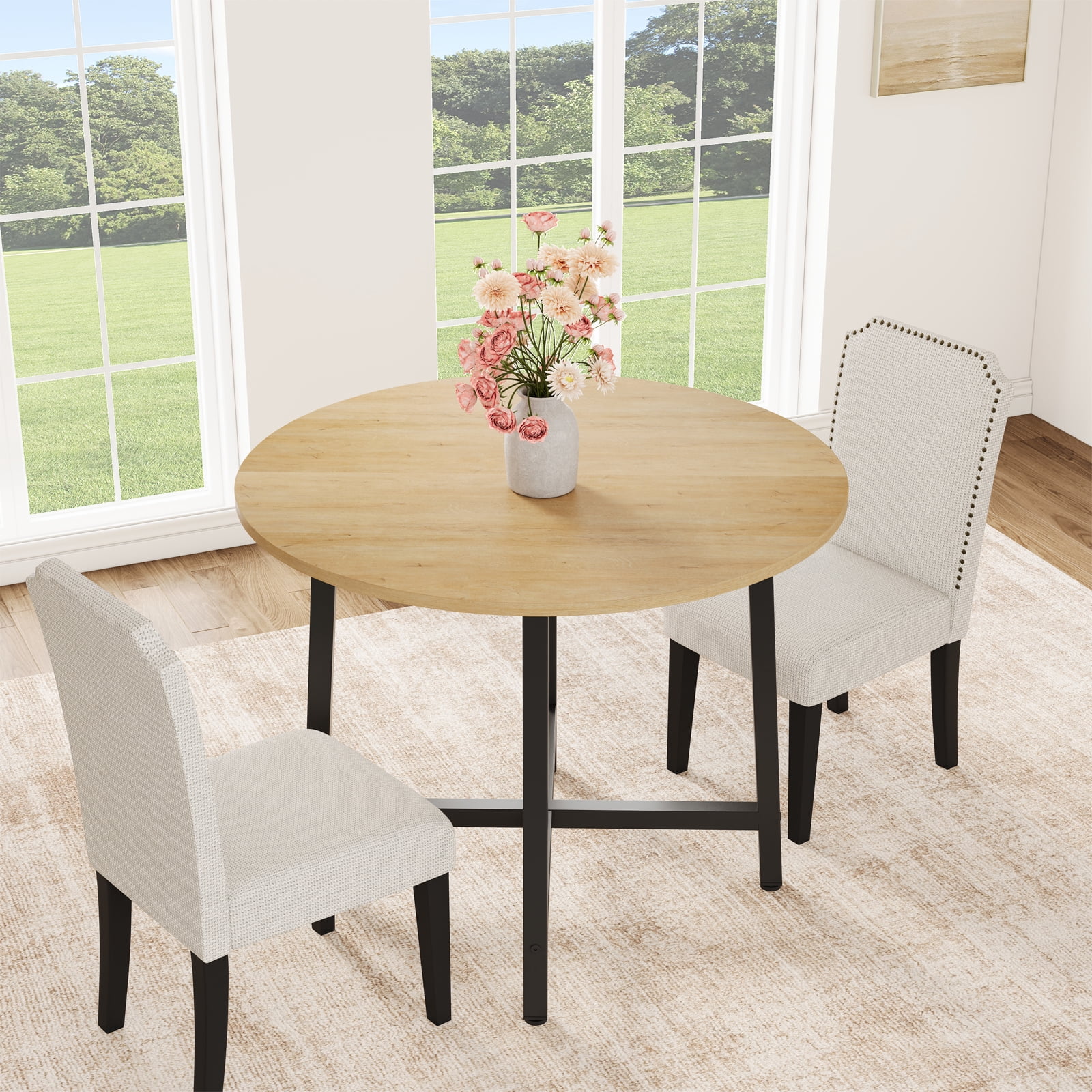 31.5" Round Dining Table for 4-6, Kitchen Dining Room Table with Sturdy Metal Frame, Wood Circle Kitchen Table for Space Saving - Natural Wood(No Chairs)