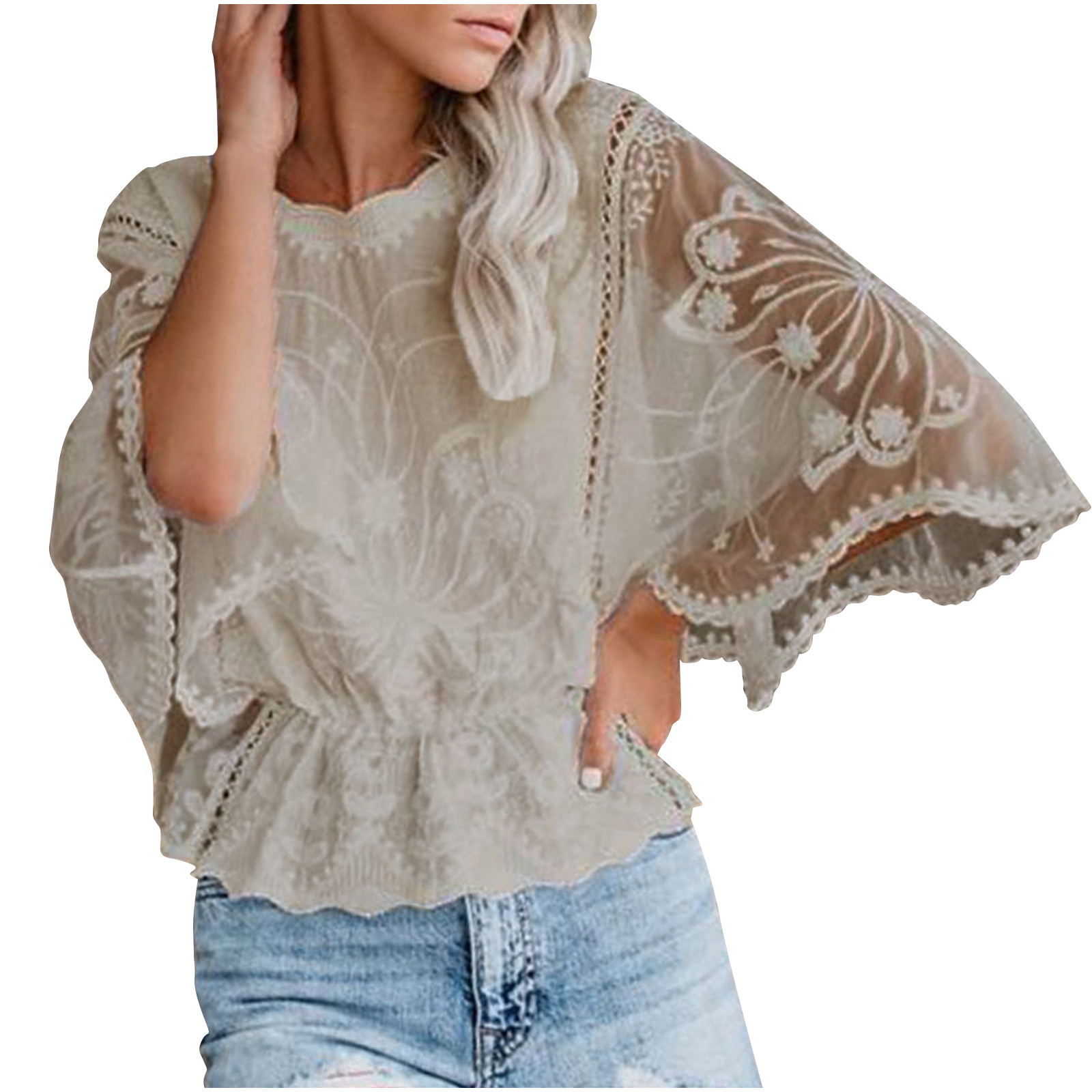Zpanxa Lace Detail V-Neck Blouse Long Sleeve Chiffon Top for Women