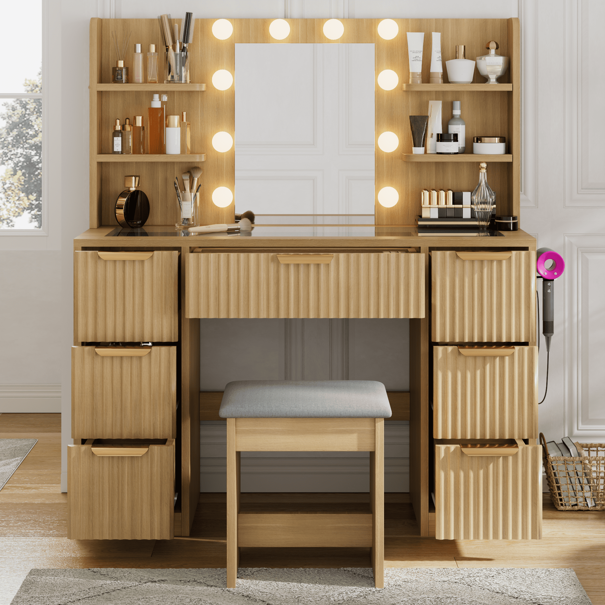 Noble House bureau vanité à 7 tiroirs avec prise de courant et plateau en verre, Design cannelé avec 10 lumières LED miroir et chaise, naturel
