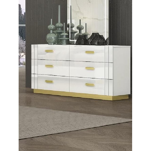 K-LIVING Commode Tanner en Blanc avec accent en Métal Titane Doré, Commode de Chambre en Bois Massif à 6 Tiroirs avec Deux Colonnes de Tiroirs et Poignées Dorées et base, Posée sur un Plancher de Bois avec des vases Décoratifs en Verre sur le Dessus, Idéale pour un Rangement de Chambre Élégant.
