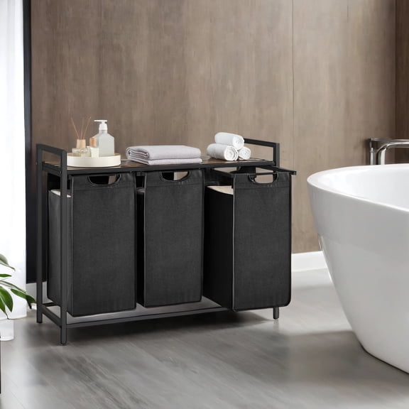 LEDREM Trieur de Lessive à 3 Compartiments avec Tablette, Capacité de 31,7 Gallons, Sacs Amovibles et Cadre en Acier, pour l'Organisation à la Maison, Noir Encre et Brun Rustique