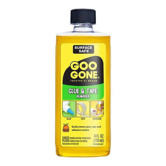 Goo Goo Colle et Ruban Adhésif Dissolvant - 4 Onces - Enlève Adhésifs Autocollants Craie de Cire Colle Ruban Gomme Décalcomanies de Fenêtre Paillettes Étiquettes
