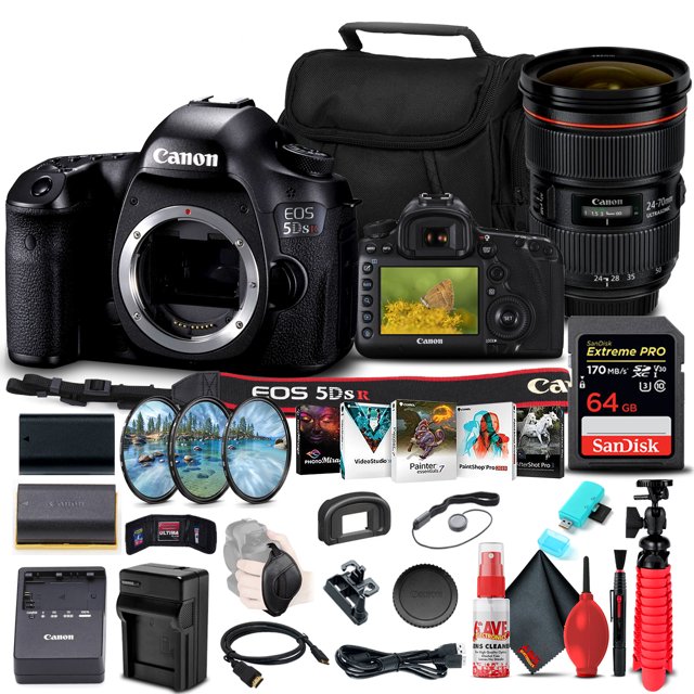 Canon EOS 5DS R DSLR Camera (Body Only) (0582C002) + Canon EF 24-70mm F/2.8L II USM Lens (5175B002) + 64GB Memory Card + Filter Kit + LPE6 Battery + External Charger + Card Reader + More