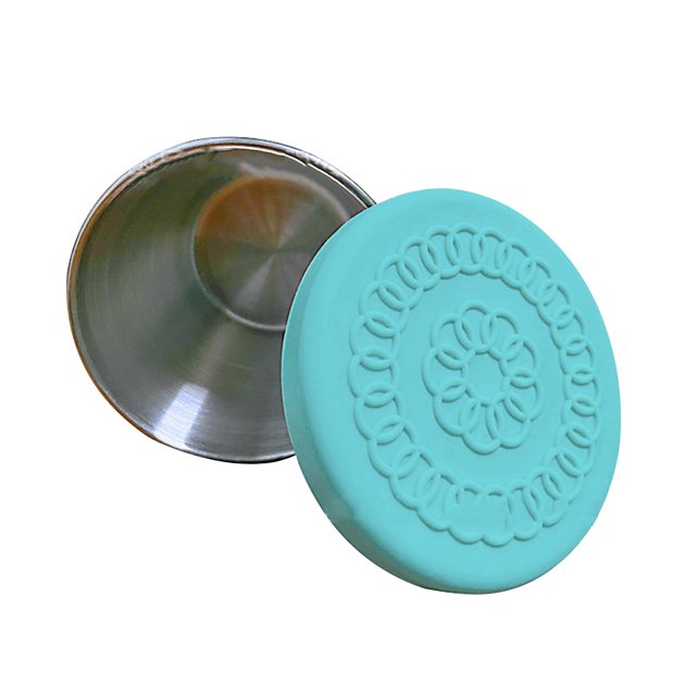 Stainless steel food container with a turquoise silicone lid featuring an embossed floral pattern. The container is small, portable, and leak-proof, designed for use with lunch boxes or as a condiment container. Made of durable stainless steel and reusable silicone, it is dishwasher and freezer safe, suitable for school, work, picnics, and travel.