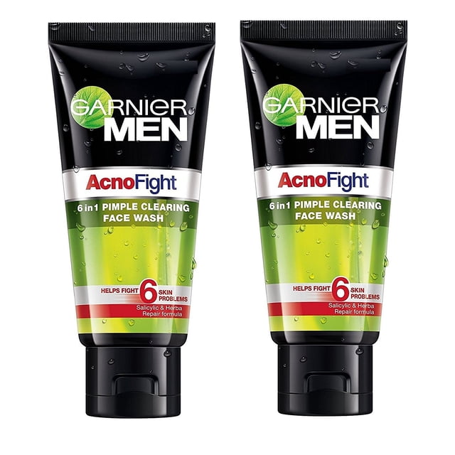 Garnier Men's Acno Fight Face Wash - 100ml (Pack Of 2), featuring two tubes of 6-in-1 pimple-clearing formula with salicylic acid and herbal repair ingredients. Ideal for acne-prone skin, each tube is 3.38 fl oz.