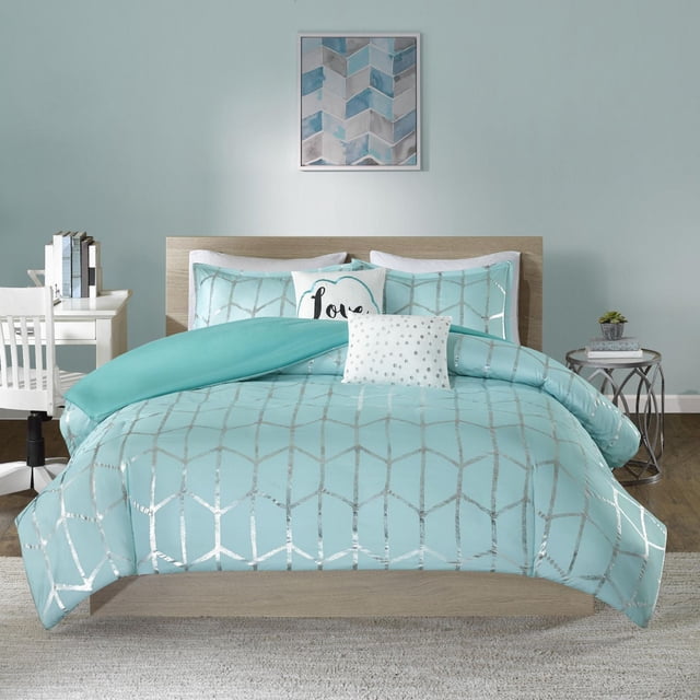 Home Essence Apartment Arielle Duvet Cover Set featuring a blue aqua background with silver metallic geometric print on a wooden bed frame. Includes two matching shams, a square decorative cushion with silver dots, and an oblong cushion with 'love' typography. The duvet cover has button closures and internal corner ties to secure the insert, ideal for refreshing bedroom decor with contemporary style.