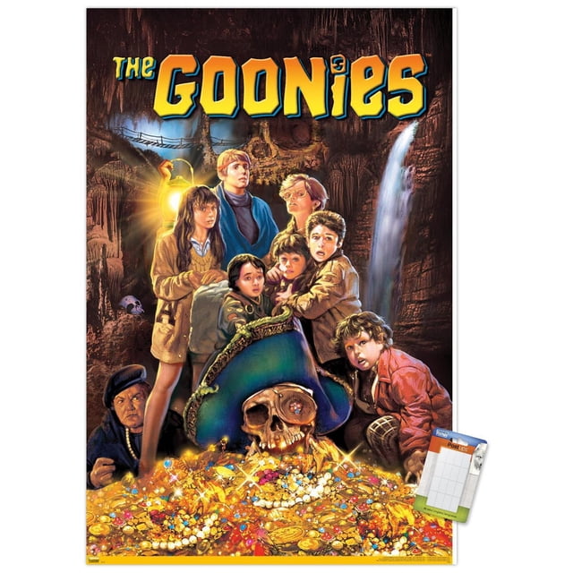 The Goonies - One Sheet Wall Poster, 22.375" x 34" depicting a group of children gathered in a cave illuminated by a lantern, with a large pirate skull wearing a blue hat atop a treasure pile of gold coins and jewels, a waterfall in the background, printed on glossy paper suitable for wall art and home décor.