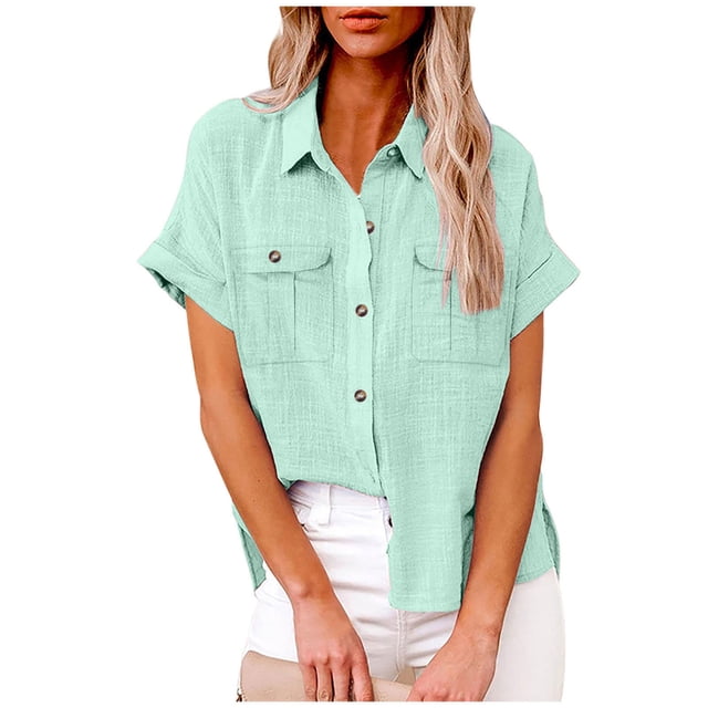 fheaev Button Up Shirts For Women Roll Up Short Sleeve Button Down Cotton Linen T-Shirts With Pocket V-Neck Work Tunics Blouse Collared Tops