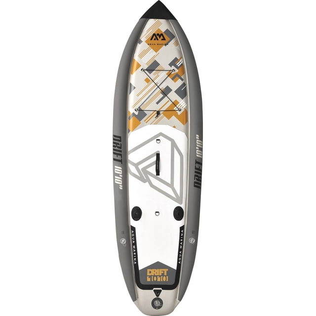 Aqua Marina Planche à Pagaie de Pêche Drift Gonflable en Gris avec Motifs Géométriques orange et Gris pour Pont, Coussin de traction pour Pont Complet, Rangement pour Cordon Élastique, Deux Supports de Canne à Pêche sur les Chambres Latérales, et Poignée de Transport Centrale pour la Stabilité et l'Utilisation de la Pêche.
