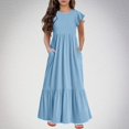 thumbnail image 2 of Huvoen Maxi Robe pour Filles Mode Filles Été Nouvelle Manches Courtes Col Rond Robe de Couleur Unie Bleu 12 Ans, 2 of 6