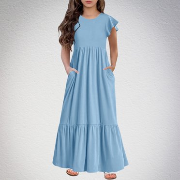 VKOYWKM Girls' Casual Maxi Dresses Basic Short Sleeve Crew Neck Tiered Dress with Pockets Swing Summer Dresses for 6-12Y