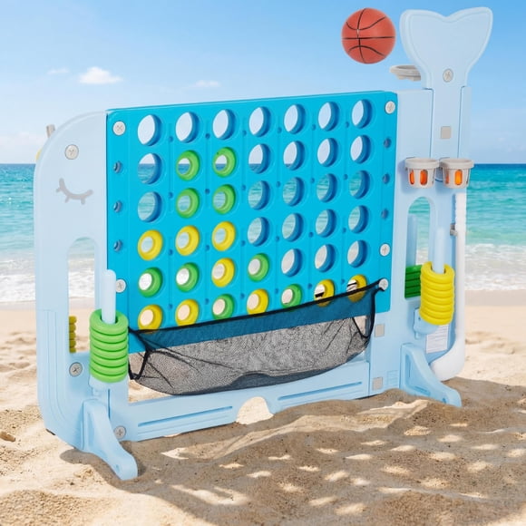 Ensemble de Jeu Géant 4 en Ligne, Jeux de Cour Jumbo 4-en-1 au Design de Baleine avec Panier de Basketball et Mini-Golf