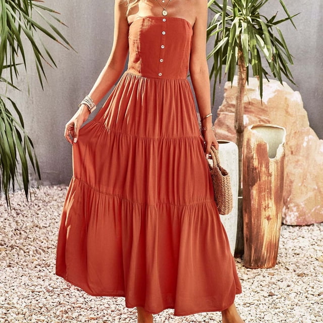 Robes pour Femmes Été 2023 Soutien-Gorge Uni pour Femme Grande Jupe Tempérament Robe Décontractée Robes de Soirée pour Femmes Élégantes Chic en Liquidation