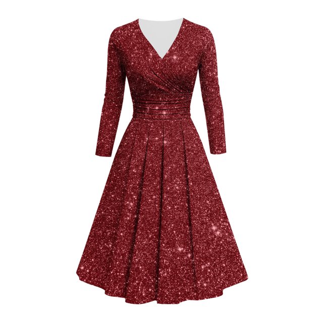 Offre à Durée Limitée Iumwxz Robe à Col en V à Manches Longues pour Femmes Tunique Robe de Performance Robe à Imprimé Brillant Robes Longues pour Femmes Robe Ample et Fluide pour la Rue
