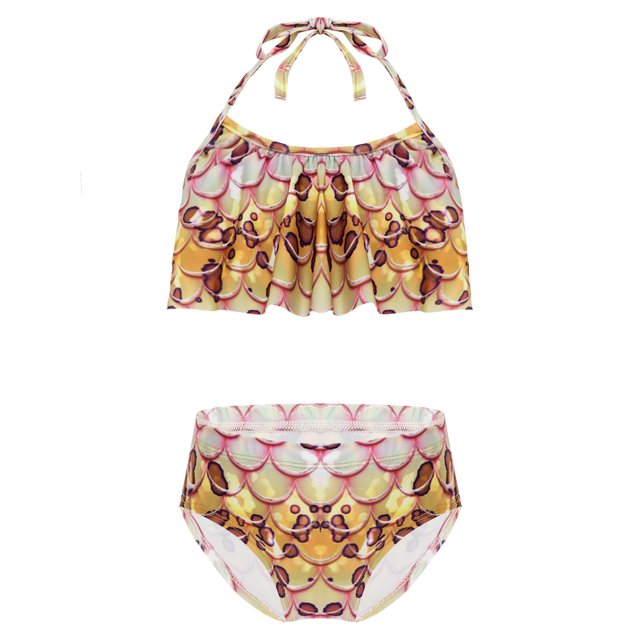 TiaoBug Girls 2 Pcs Mermaid Bikini Sets Shiny Halter Ruffles Crop Top with Triangle Brief Bathing Suit Tankini Light Brown A 120