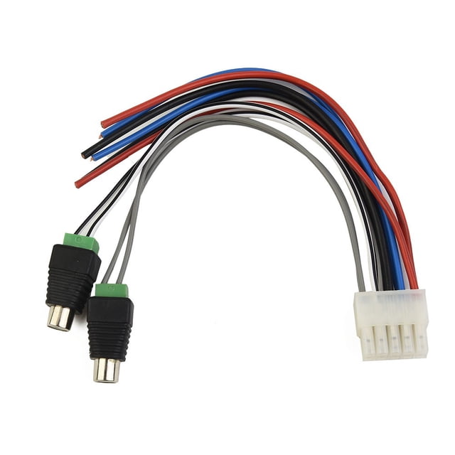 MYG Power Input Speaker Wire Harness 10 Pin Plug RCA for Dual TBX10A, featuring a 10-thread bundle plug with high-quality crimp joints. Includes 16AWG 1015UL power and ground wires, 18AWG 1007UL remote wire, and 18AWG OFC input line. Wire length is approximately 15cm. The harness has two RCA connectors and a white 10-pin plug, with red, blue, black, and grey wires extending from the connectors.