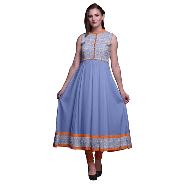 Bimba Robe Anarkali Géométrique Bleu Lavande Col Mandarin Sans Manches Kurtis pour Femmes Imprimé Robe Maxi Moyen