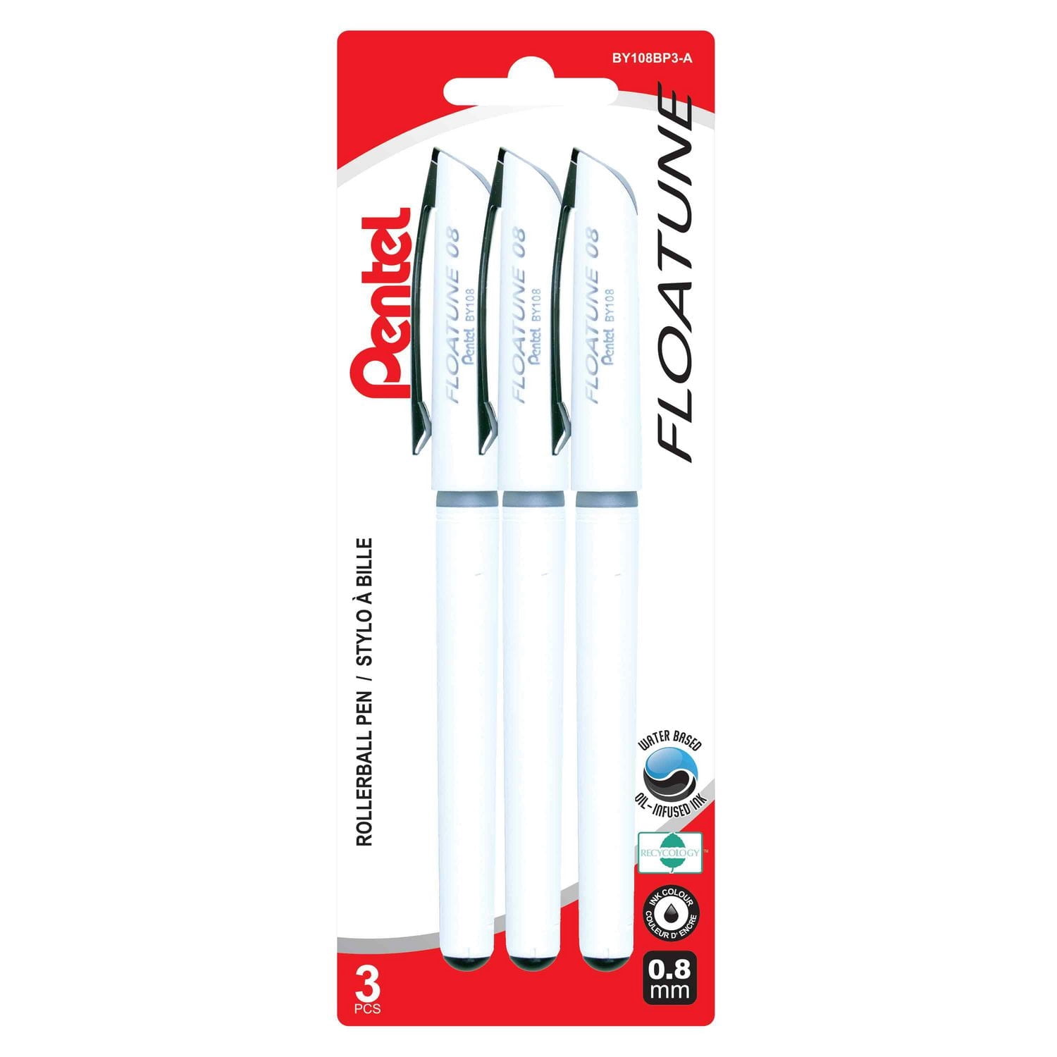 Pentel Floatune Roller Ball Pen 0.8mm Black Ink pack of 3
