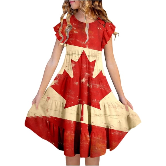 XEGLSBU Robe Fleurie pour Filles de la Fête du Canada, Mignonne, Imprimé de Feuilles d'Érable Rouges et Blanches, à Étages, Coupe Trapèze, avec Manches Volantées et Poches, Robe de Fête Confortable pour les Fêtes Canadiennes Cele