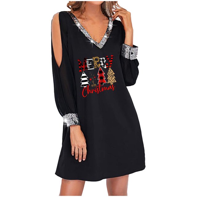 Pompotops Robe Imprimée Décontractée Aguichant pour Femmes Joyeux Noël, Col en V, Manches Longues, Mini-Robe en Solde