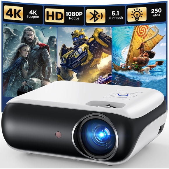 HAPPRUN Native 1080P Bluetooth Projector, Full HD Portable Outdoor Movie Projector with Built-in Speaker, Compatible with Smartphone, HDMI, USB, AV, Fire Stick, PS5