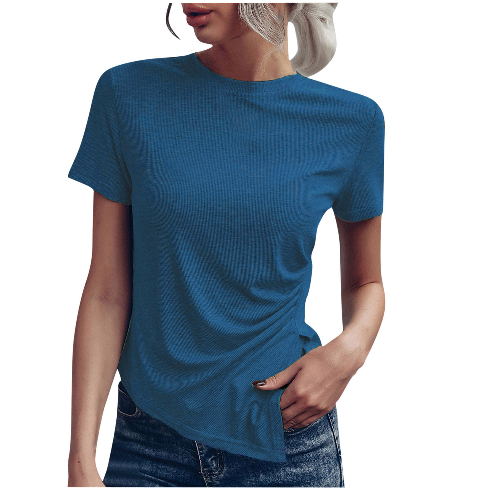 Womens Short Sleeve Solid Color Basics Crewneck Casual Top Pullover T-shirt