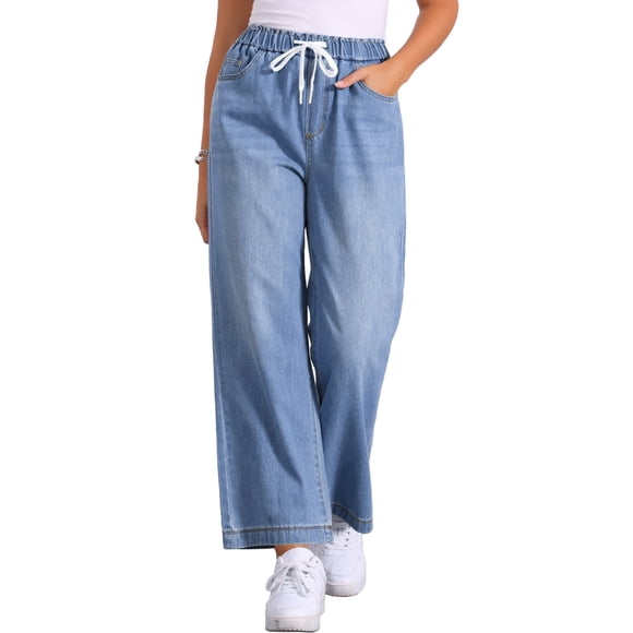 INSPIRE CHIC Style Women's Wide Leg Jeans Drawstring Elastic Waist Casual Denim Pants with Pockets Light Blue M