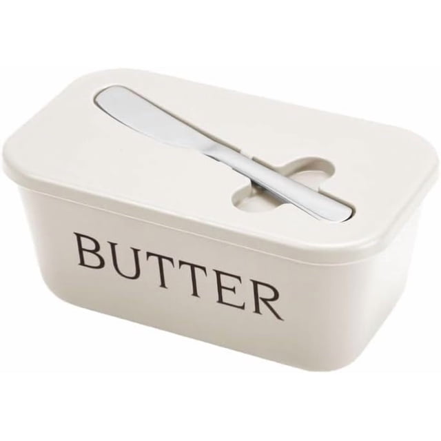 Staron Butter Dish with Lid for Countertop, a large black plastic butter holder tray with a knife slot on the lid. The container is ideal for storing butter, cheese, and other ingredients, featuring a sealed lid to maintain freshness. Compact and portable, it is suitable for home kitchens, picnics, and outdoor activities.