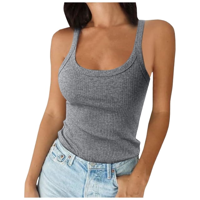 Débardeurs Côtelés à Bretelles Spaghetti pour Femmes, Encolure Dégagée, Coupe Ajustée, Camisole en Coton, Basique Sans Manches pour Superposition