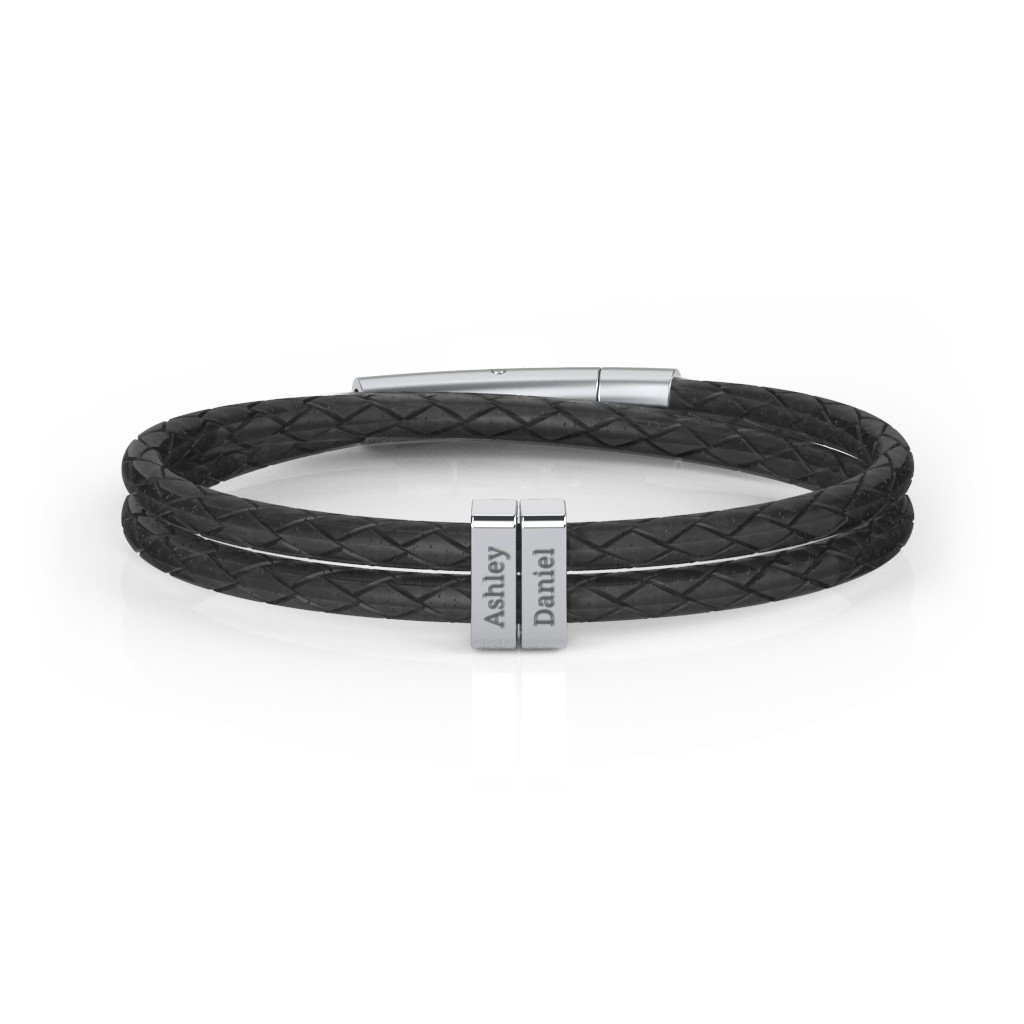 Men’s Engravable Sterling Silver Vertical Bar Leather Bracelet