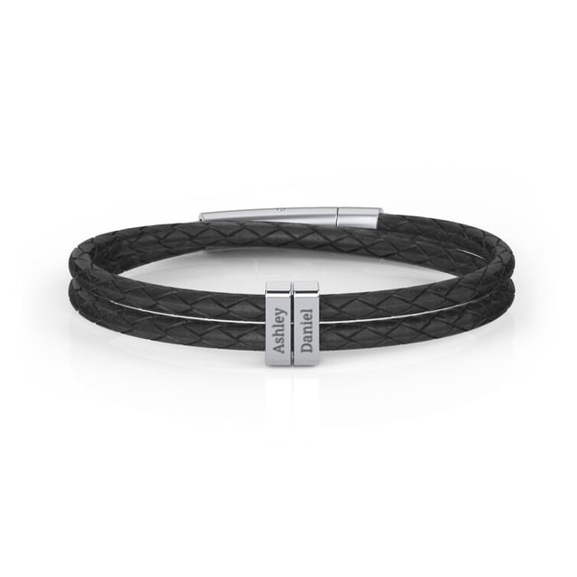 Men’s Engravable Sterling Silver Vertical Bar Leather Bracelet