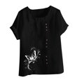 thumbnail image 4 of Économies d'Été! Horkkom Hauts Grande Taille pour Femmes Été Chemises Amples en Lin à Manches Courtes Col Rond Imprimé Floral Blouses Confortables, 4 of 4