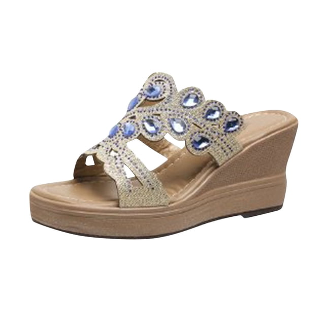 hopeusnice Clearance Women's Rhinestone Wedge Sandals Open Toe Summer Slip On Platform Beach Shoes Comfortable High Heel Wedge Sandals Blue 42