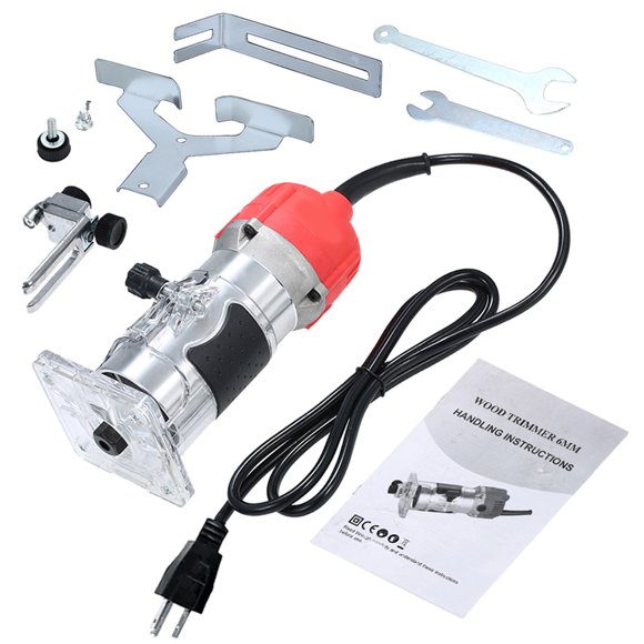 Amdohai 800W Trim Router 30000r/min with Transparent Base Edge Guide Wood Laminate Electric Trimmer Compact Palm Router Corded for Woodworking Trimming Slotting Notching / Aluminum Red /