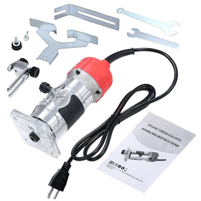 Amdohai 800W Trim Router 30000r/min with Transparent Base Edge Guide Wood Laminate Electric Trimmer Compact Palm Router Corded for Woodworking Trimming Slotting Notching / Aluminum Red /