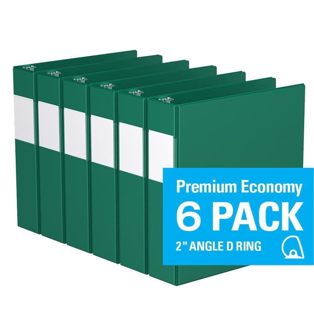 Davis Group, Premium Economy, D Ring, Binder, 6 Pack, 2" showing six green binders with white full-width label holders on the spine, 2-inch angle D rings, and clear interior pockets on front and back covers to secure loose documents, ideal for office, conference, and academic use.