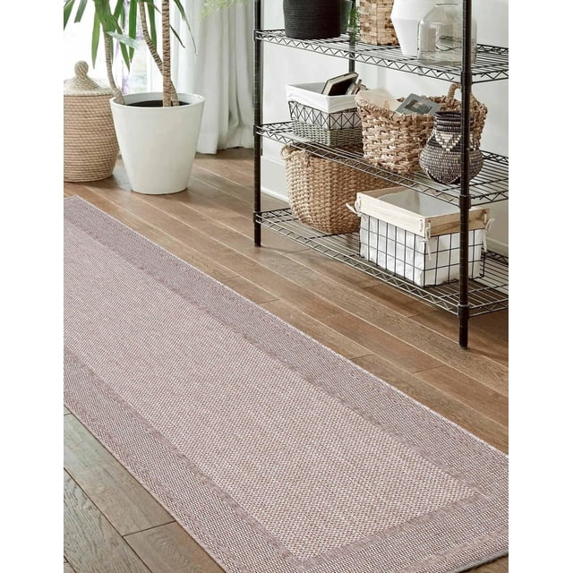 ECARPET Modern Area Rug for Living Room, Dining Room and Bedroom Jute Natura Collection in grey, a durable indoor jute runner rug with woven texture and subtle border, placed on hardwood floor beside a black metal shelving unit with woven baskets, ideal for hallways or entryways.