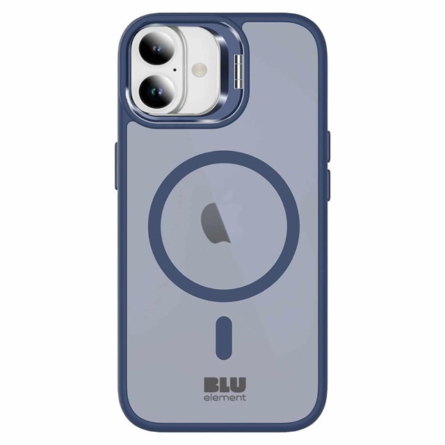 Blu Element Chromatic Kick MagSafe Case Navy for iPhone 17 showing a centered back view with a semi-transparent navy acrylic back, soft-touch shock-absorbing edges, and a MagSafe-compatible ring. It features raised camera protection, a fold-out kickstand for landscape viewing, hyper-responsive buttons, and precise port access for impact-resistant phone protection.