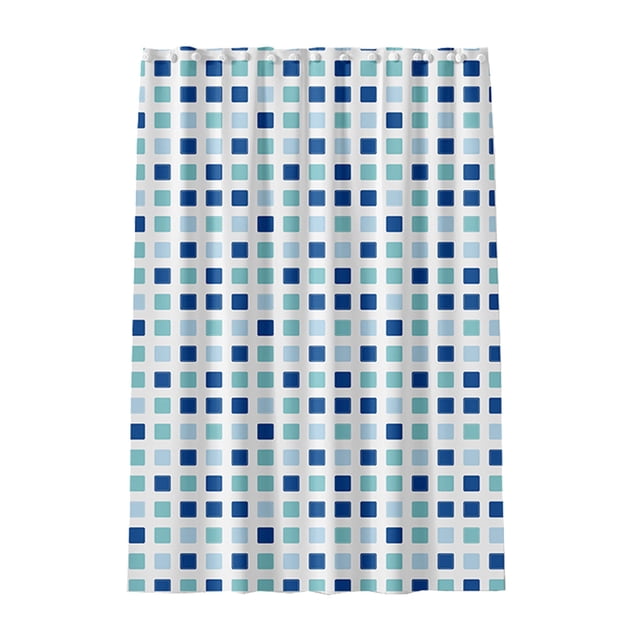 Shower Curtain Liner Shower Curtain for Bathroom Modern Shower Curtain Winter in Bath, 71x71 inches. Made of clear plastic with a grid pattern of blue and teal squares. Water-repellent and includes shower curtain rings and weighted hem for stability. Easy to clean and machine washable.