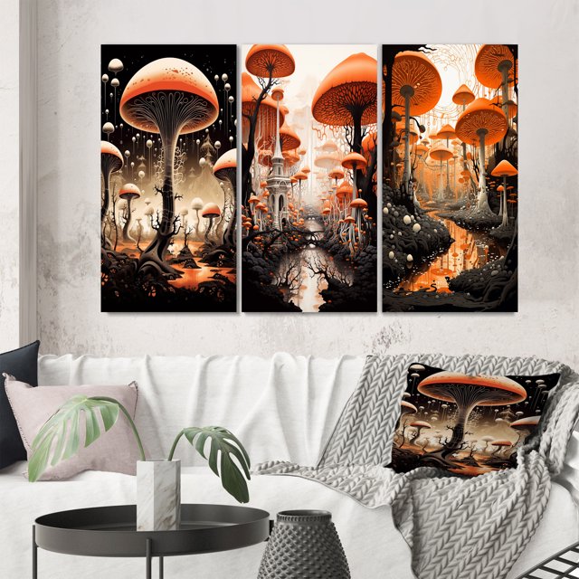Designart "Retro Illustration Magical Red Mushrooms II" Abstract Landscape Wall Art Set Of 3 - Abstract Landscapes Orange Gallery Wall Set For Home Decor