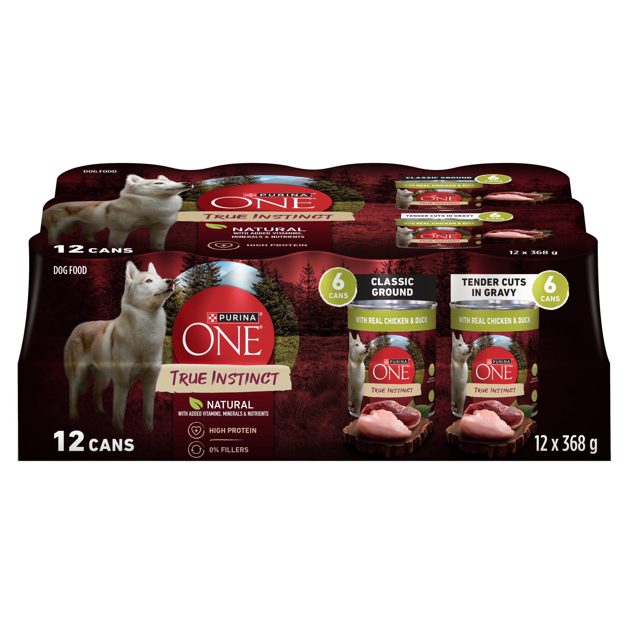 Purina ONE True Instinct Classic Ground and Tender Cuts in Gravy Variety pack, Wet Dog Food, 368g x 12