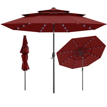 Gymax Parasol de Patio Solaire de 10 Pi avec 32 Lumières DEL, Toit Ventilé à 3 Niveaux, Inclinaison Réglable, Bourgogne