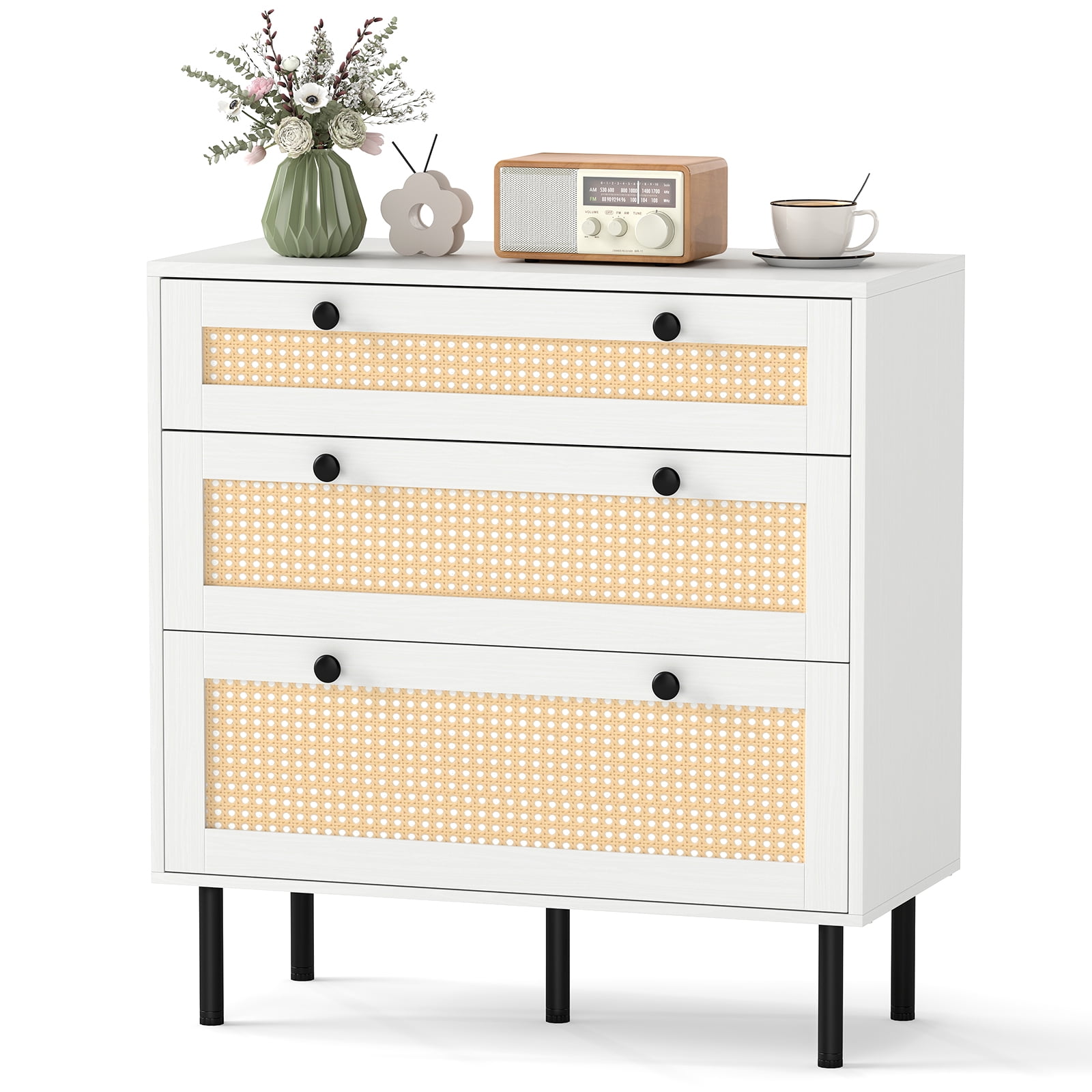 Gymax Rattan Dresser w/ 3 Drawers Boho Chest of Drawers w/Metal Legs Wide Nightstand