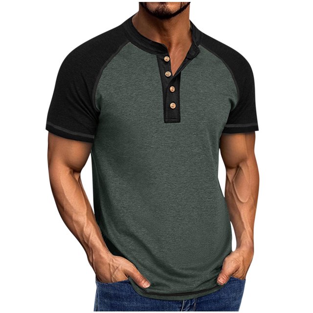 CHGBMOK Mens Shirts Solid Color Buttons Outdoors Breathable Short Sleeve Round Neck Collar Blouse Sizes S-2XL