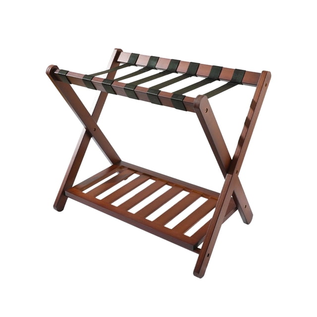 Xuanheng Folding Luggage Rack Suitcase Stand measuring 68x45x55cm, made of solid bamboo wood in a brown finish. Features an X-shaped foldable design with a top shelf supported by six sturdy nylon straps, capable of holding up to 160 pounds. Includes a lower slatted shelf for additional storage, suitable for shoes, bags, or accessories. Ideal for use in bedrooms, guest rooms, or hotels.