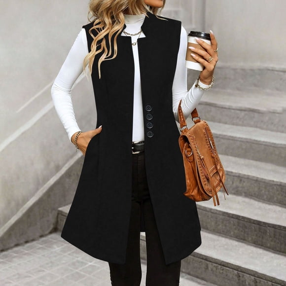 Xdegoge Women's Sleeveless Cardigan Vest Trendy Casual Long Waistcoat with Pockets Lightweight Loose Button Down Open Front Business Office Blazer Jacket Coat Plus Size Clothes Black L