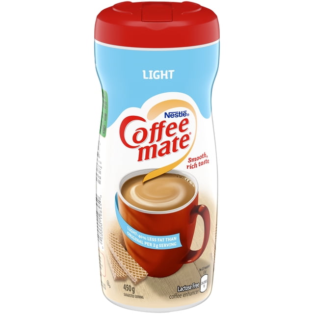 Light Powder Coffee mate container with red lid and blue and white label featuring a red coffee cup filled with creamy coffee, highlighting 40% less fat than original per 2 g serving, lactose free coffee enhancer in a 450 g package, ideal for lightening coffee or tea.